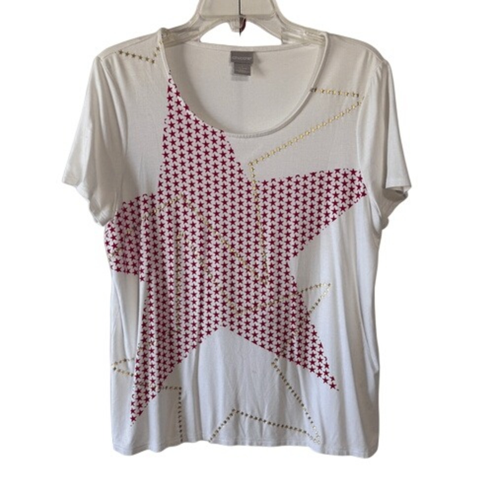 Chico's Short-Sleeved,‎ PaTriotic Shirt with Single Star and Scoop Neck.